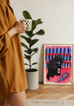Neon Raccoon Dr Pepper art print by Caya Crum — framed with velvet mat