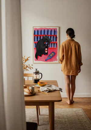 Neon Raccoon Dr Pepper art print by Caya Crum — framed with velvet mat