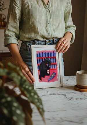 Neon Raccoon Dr Pepper art print by Caya Crum — neutral frame room mockup