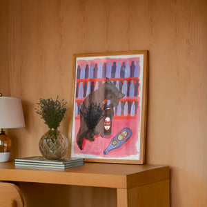 Neon Raccoon Dr Pepper art print by Caya Crum — framed in a wood-accent room