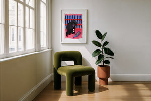 Neon Raccoon Dr Pepper art print by Caya Crum — framed with velvet mat