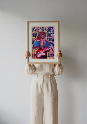 Bowie Ashes to Ashes music wall art print by Caya Crum — framed with velvet mat