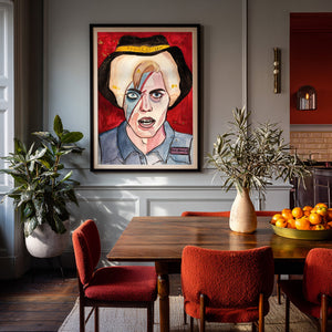 David Bowie Texas Matchbox Fan shown framed by Crum Art