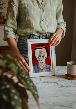 Cowboy Bowie music wall art print by Caya Crum — neutral frame room mockup