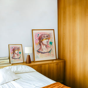Graffiti David Statue Greco Roman art print by Caya Crum — framed in a wood-accent room