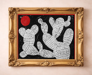 Cosmic Prickly Pear Red Moon cactus art print by Caya Crum — in a gold frame