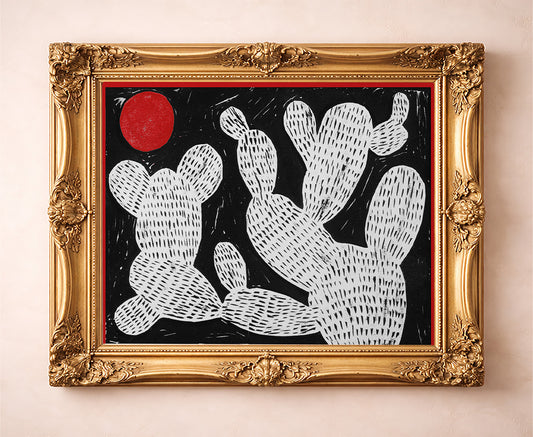 Cosmic Prickly Pear Red Moon cactus art print by Caya Crum — in a gold frame