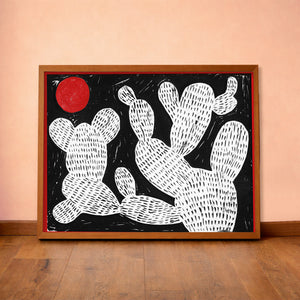 Cosmic Prickly Pear Red Moon cactus art print by Caya Crum — horizontal room scene