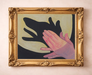 Dog Shadow Puppet dog art print by Caya Crum — in a gold frame