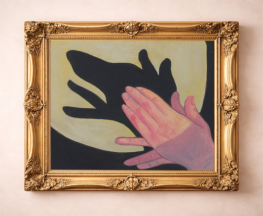 Dog Shadow Puppet dog art print by Caya Crum — in a gold frame