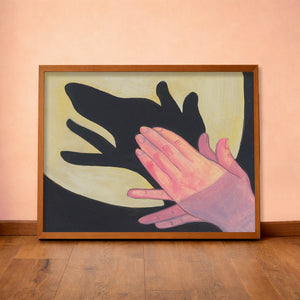 Dog Shadow Puppet dog art print by Caya Crum — horizontal room scene