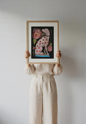 Greyhound With Roses dog art print by Caya Crum — framed with velvet mat