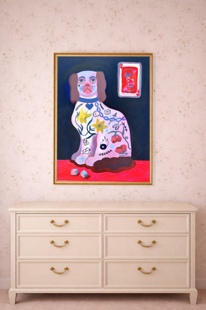 Preppy dog with dice art print by Caya Crum framed above a dresser