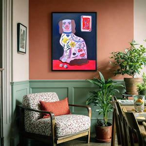 Preppy dog print by Caya Crum framed in a soft neutral corner