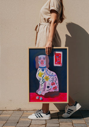 Dice Playing Card dog art print by Caya Crum — framed with velvet mat