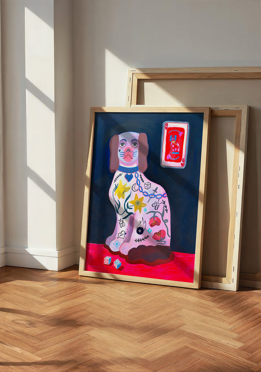 Dice Playing Card dog art print by Caya Crum — neutral frame room mockup