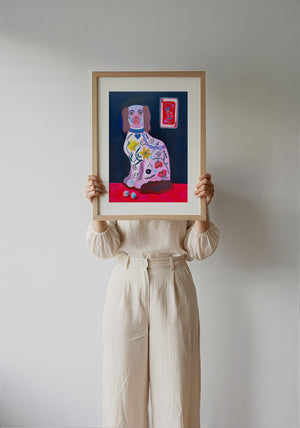 Dice Playing Card dog art print by Caya Crum — framed with velvet mat