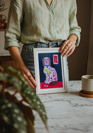 Dice Playing Card dog art print by Caya Crum — neutral frame room mockup