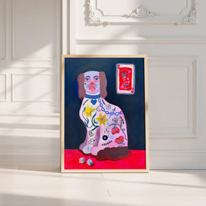 Dice Playing Card dog art print by Caya Crum — neutral frame room mockup
