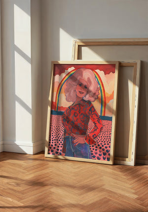 Dolly Parton Rainbow music wall art print by Caya Crum — neutral frame room mockup