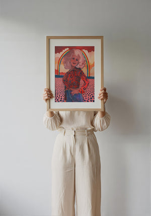 Dolly Parton Rainbow music wall art print by Caya Crum — framed with velvet mat