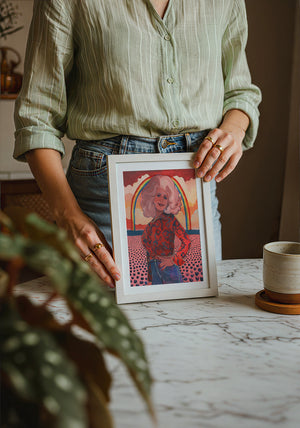 Dolly Parton Rainbow music wall art print by Caya Crum — neutral frame room mockup