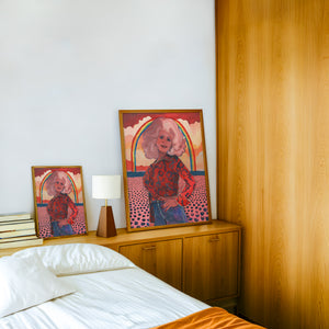 Dolly Parton Rainbow music wall art print by Caya Crum — framed in a wood-accent room