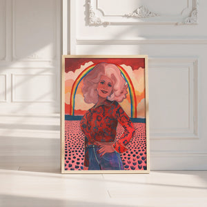 Dolly Parton Rainbow music wall art print by Caya Crum — neutral frame room mockup