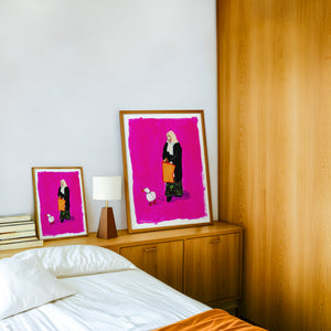 Duck Lady weirdcore art print by Caya Crum — framed in a wood-accent room