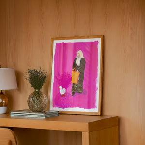 Duck Lady weirdcore art print by Caya Crum — framed in a wood-accent room