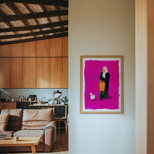Duck Lady weirdcore art print by Caya Crum — framed in a wood-accent room