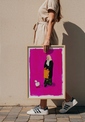 Duck Lady weirdcore art print by Caya Crum — framed with velvet mat