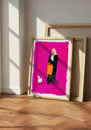 Duck Lady weirdcore art print by Caya Crum — neutral frame room mockup
