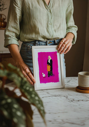 Duck Lady weirdcore art print by Caya Crum — neutral frame room mockup