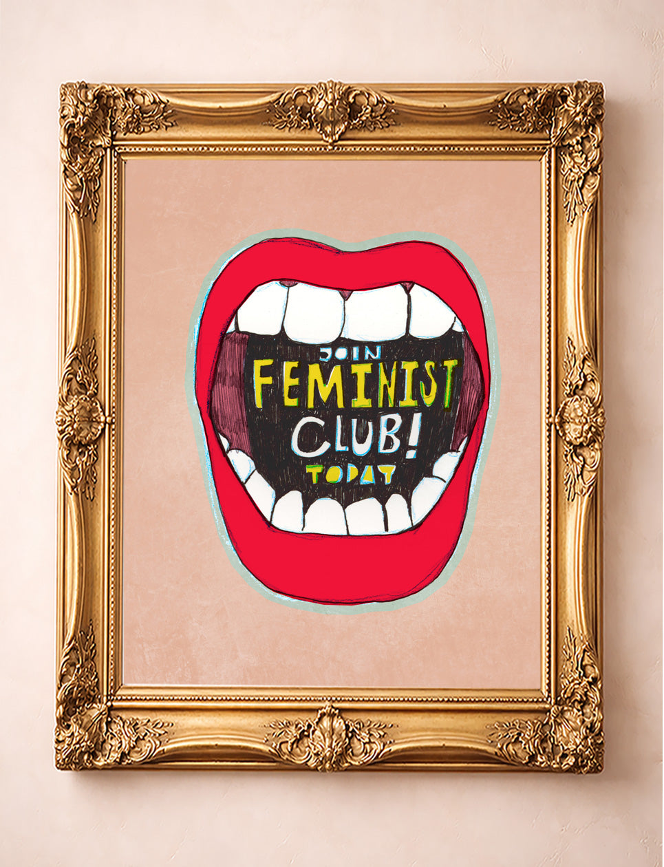 Feminist Club poster art print by Caya Crum in a gold frame, girl power wall decor