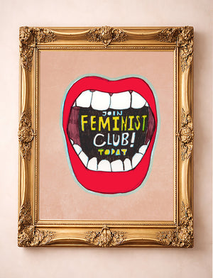 Feminist Club poster art print by Caya Crum in a gold frame, girl power wall decor