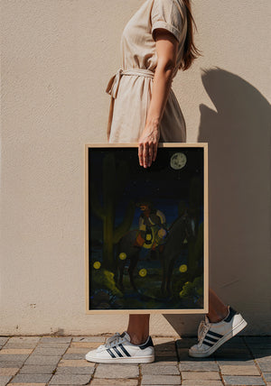 Fire Flies Cowboy at Night western art print by Caya Crum — framed with velvet mat