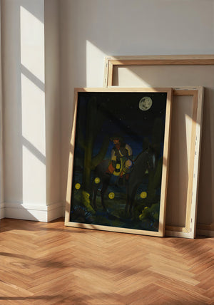Fire Flies Cowboy at Night western art print by Caya Crum — neutral frame room mockup