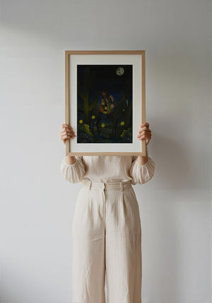 Fire Flies Cowboy at Night western art print by Caya Crum — framed with velvet mat