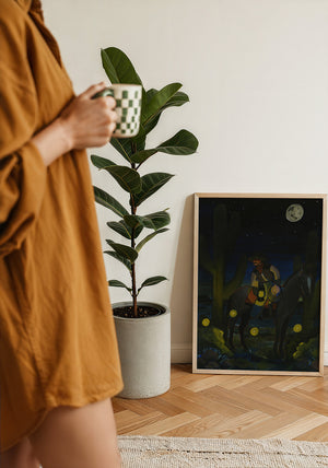 Fire Flies Cowboy at Night western art print by Caya Crum — framed with velvet mat