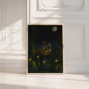 Fire Flies Cowboy at Night western art print by Caya Crum — neutral frame room mockup