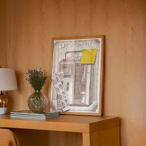 Fotoautomatica Florence travel art print by Caya Crum — framed in a wood-accent room