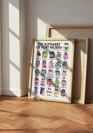 Alphabet of Fort Worth art print by Caya Crum — neutral frame room mockup