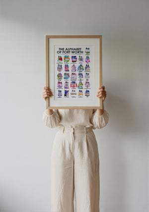 Alphabet of Fort Worth art print by Caya Crum — framed with velvet mat