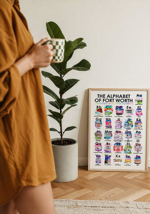 Alphabet of Fort Worth art print by Caya Crum — framed with velvet mat