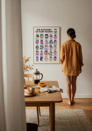 Alphabet of Fort Worth art print by Caya Crum — framed with velvet mat