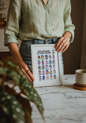 Alphabet of Fort Worth art print by Caya Crum — neutral frame room mockup