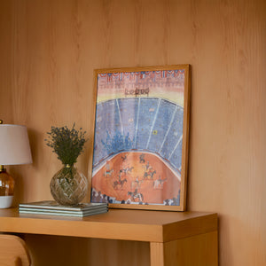 Fort Worth Rodeo Arena rodeo art print by Caya Crum — framed in a wood-accent room