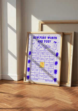 Bingo Card Blue Fort Worth art print by Caya Crum — neutral frame room mockup