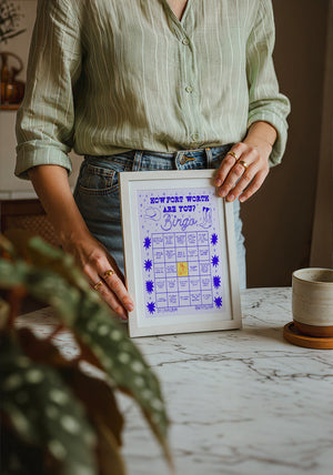 Bingo Card Blue Fort Worth art print by Caya Crum — neutral frame room mockup
